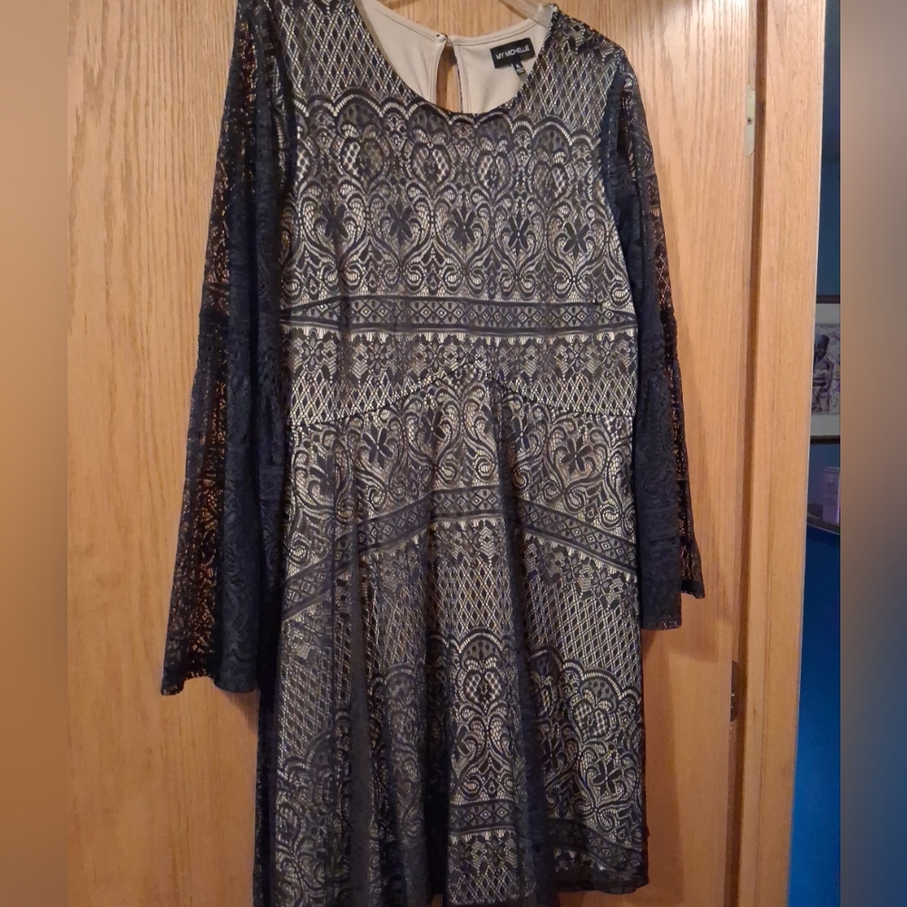 My Michelle Lace Dress Floral Long Sheer  Bell Sleeve Fit Flare Nude/navy XL